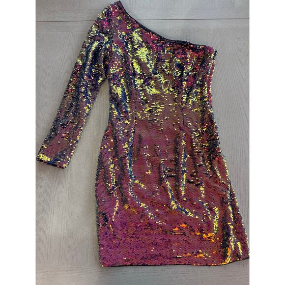 Aidan Mattox Iridescent Sequin One Shoulder Mini Cocktail Dress mermaidcore - Picture 1 of 6